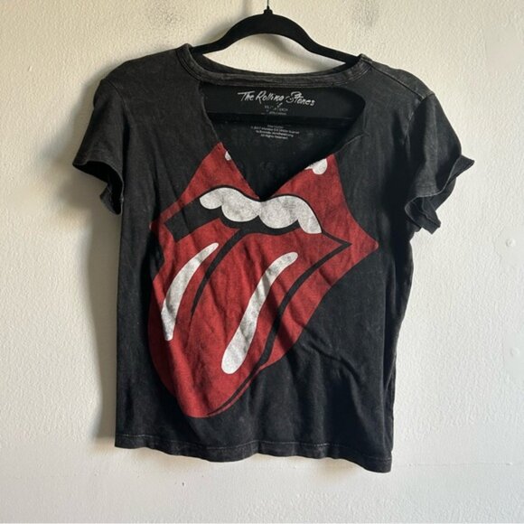 The Rolling Stones Sz XS Mouth Logo Cut Out Acid Black Rock Band Tee Shirt - Picture 2 of 7